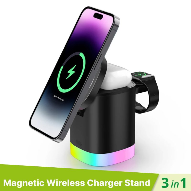 3-in-1 Magnetic Wireless Charger Stand with LED Light for Apple Devices